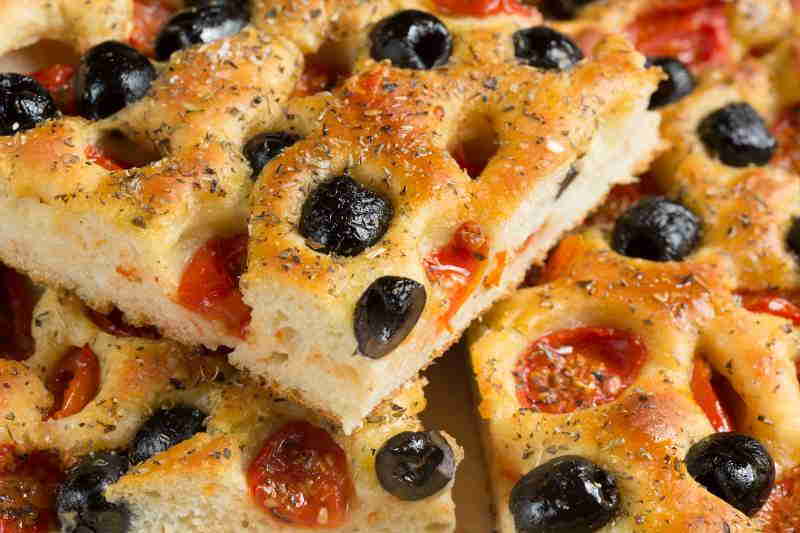 focaccia barese with tomatoes and olives
