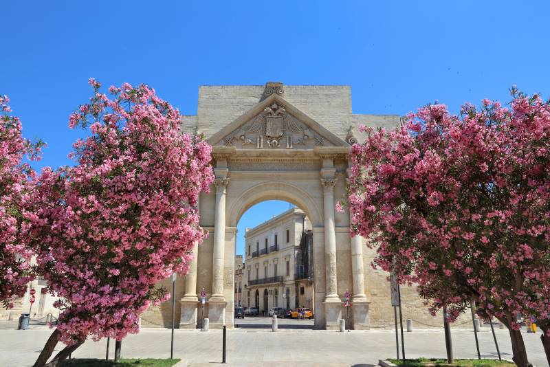 Porta Napoli Gate and oleander plants with flowers in Lecce Puglia Italy